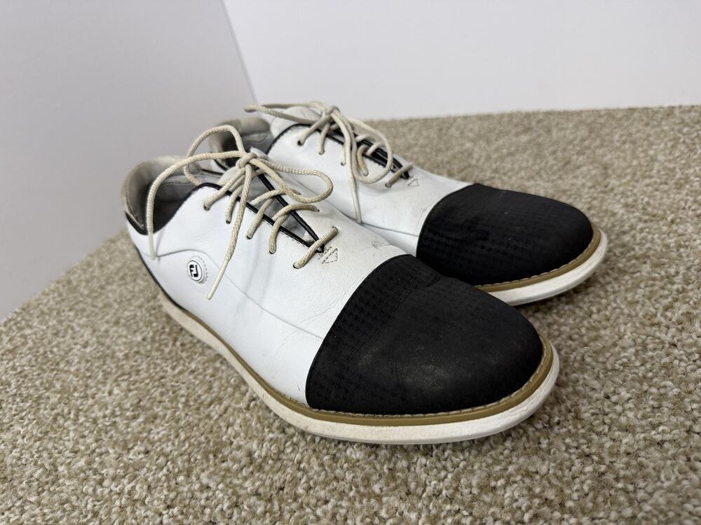 FootJoy Shoes Mens Size 9 White Black Leather Golf Spikes Athletic Low Top